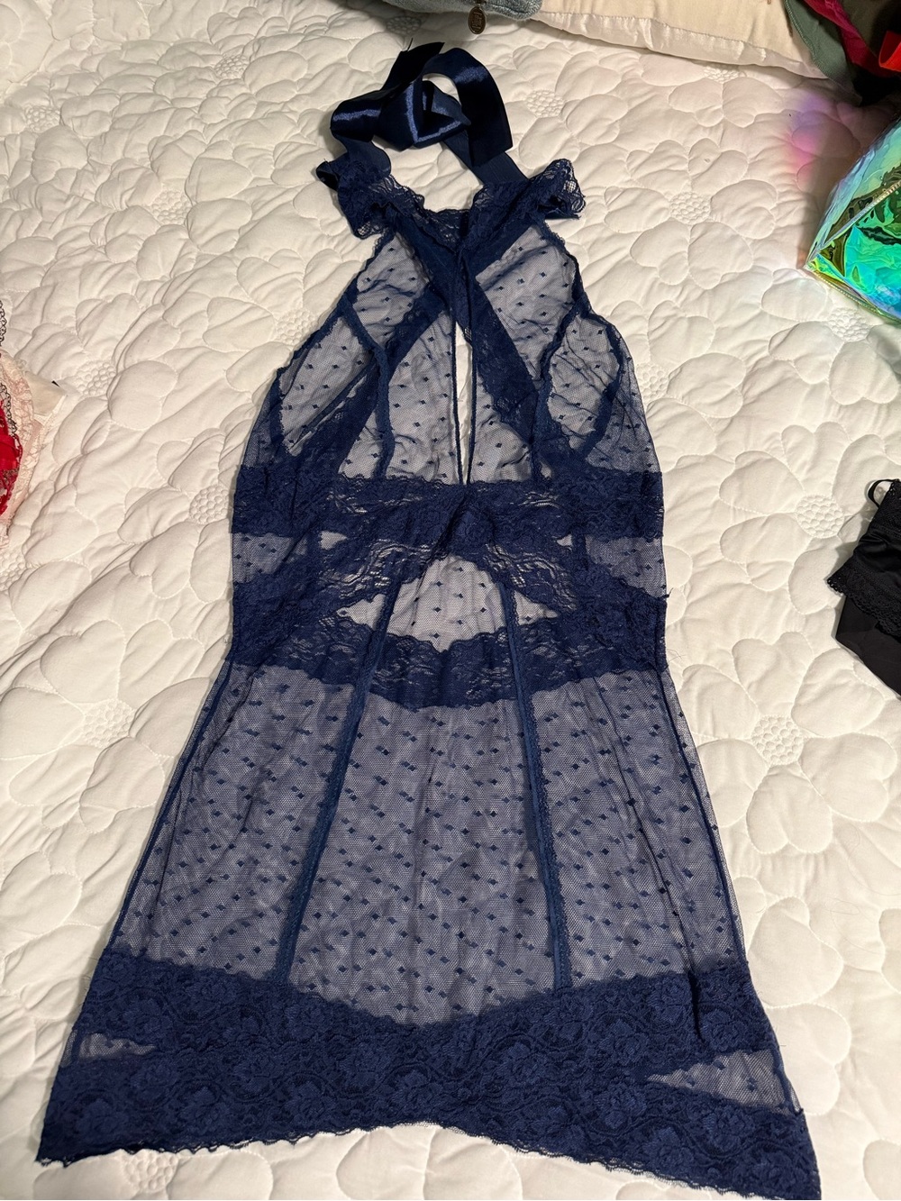 Frederick's of Hollywood Navy Halter Sheer Lace Chemise